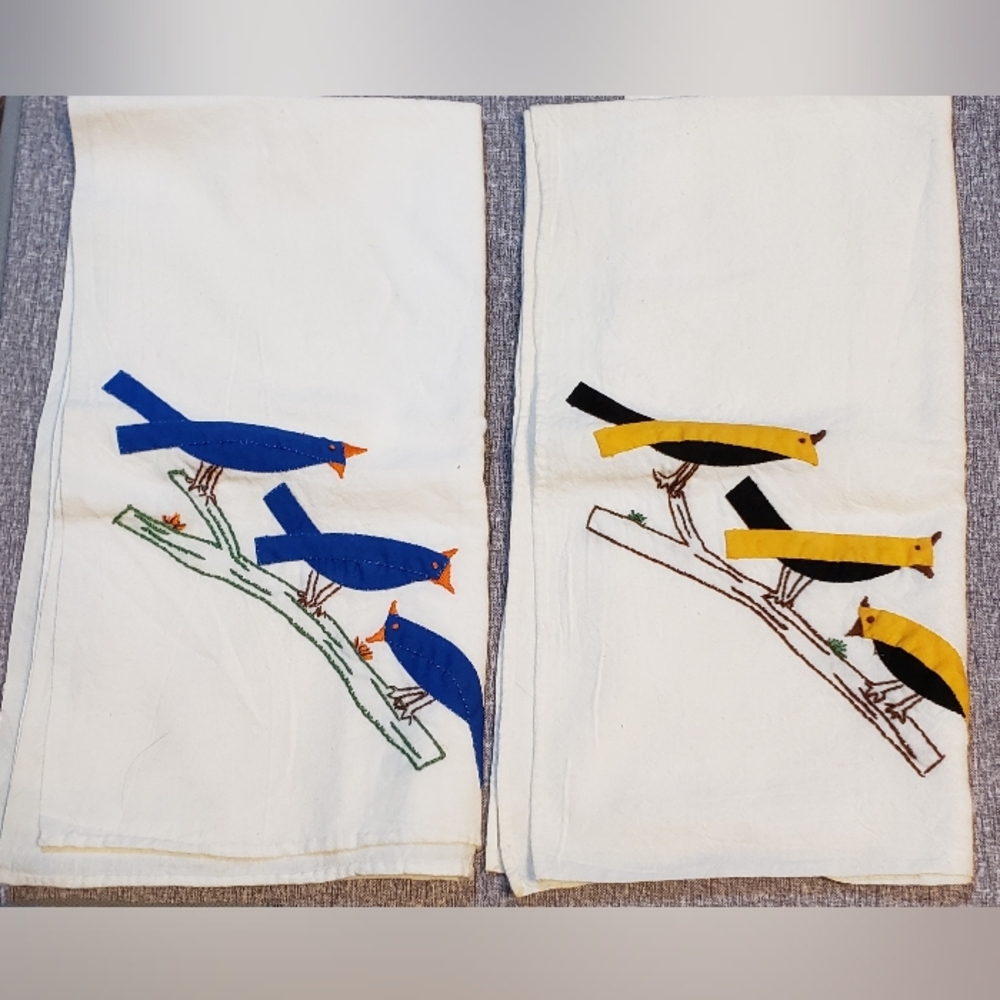 Hand Embroidered Appliqué Bird Tea Towel Set Mid-Century